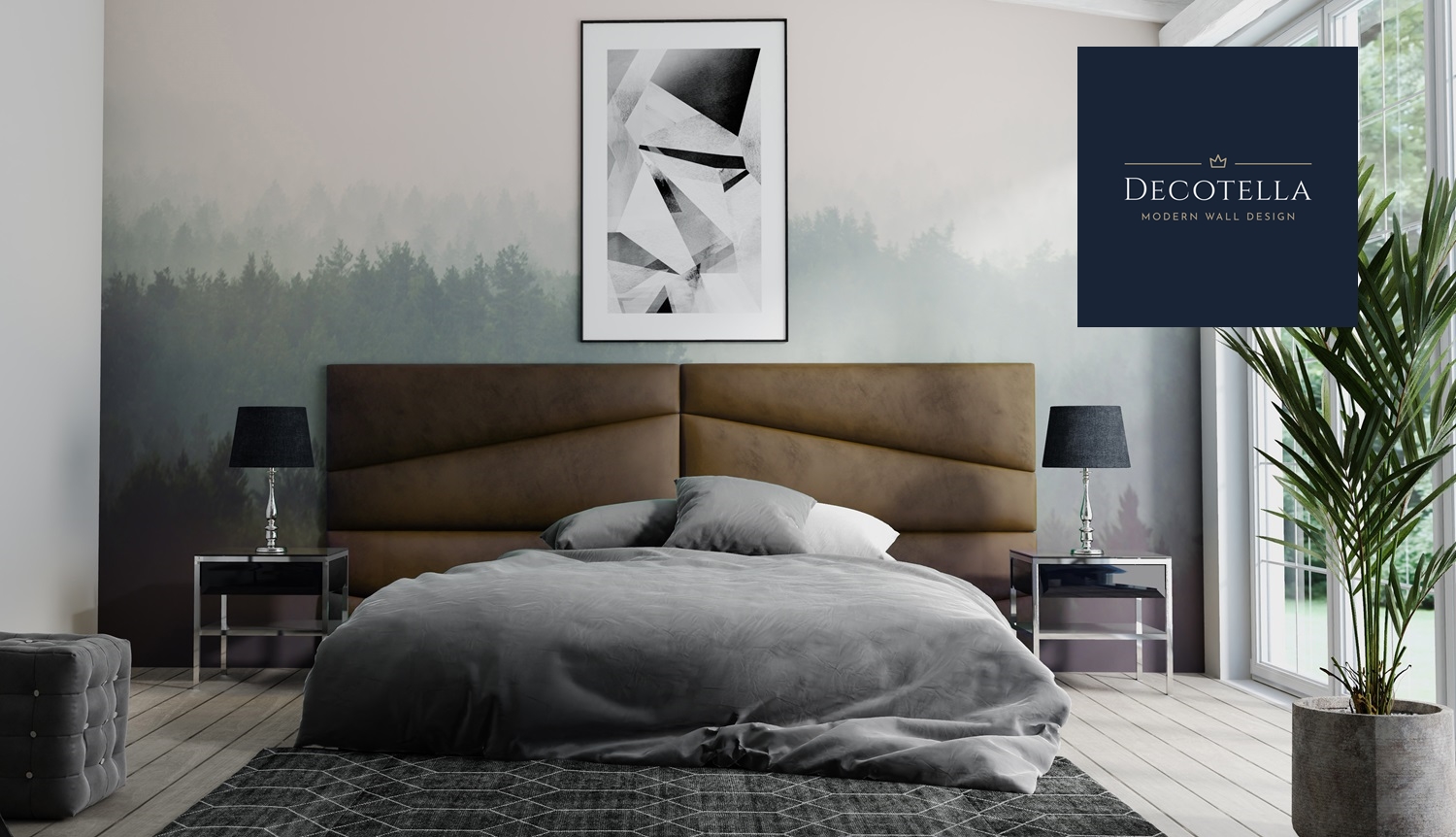 Z9 panel set visible on a wall in a modern bedroom together with slatted wall panels