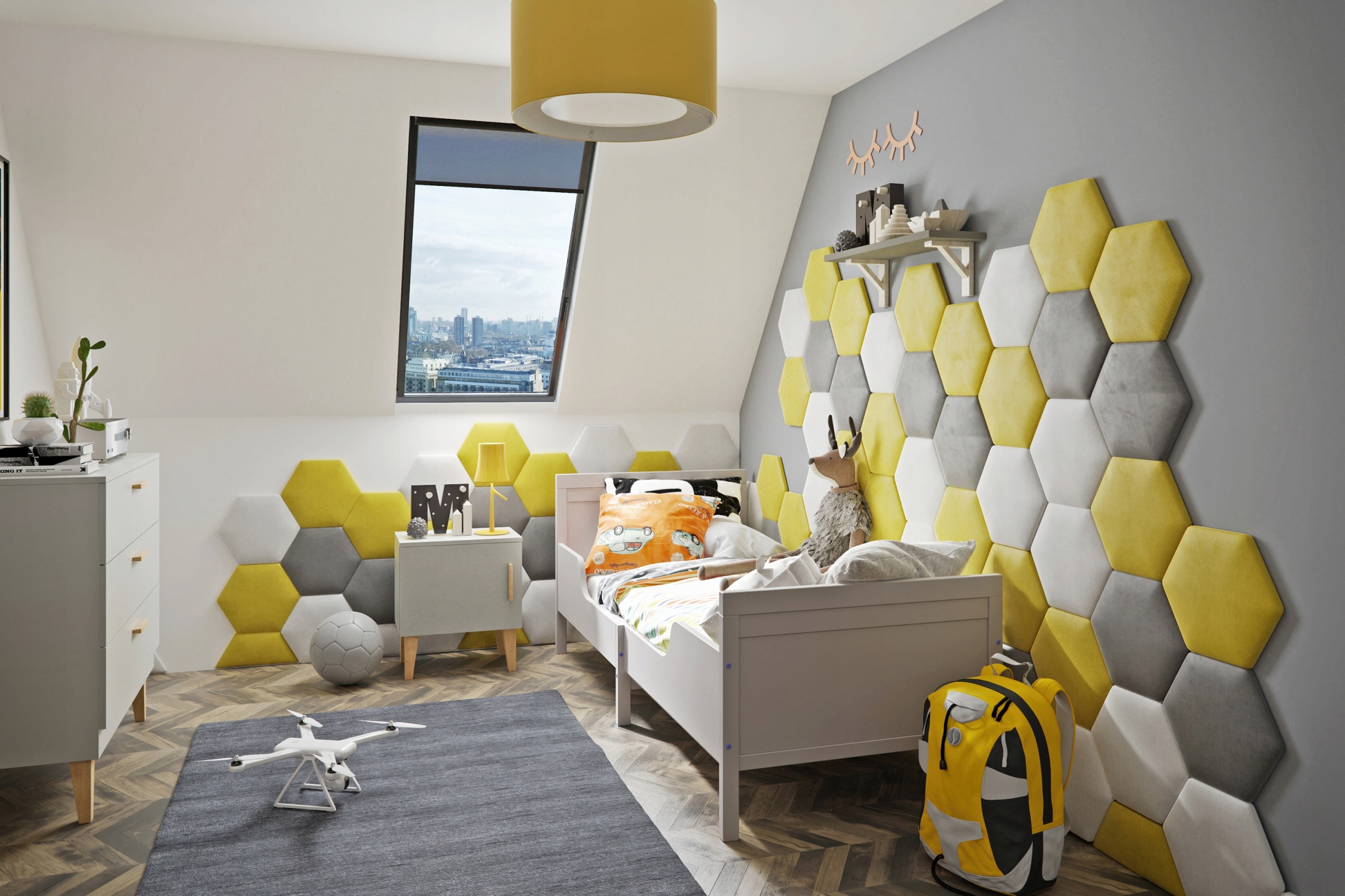 Modern attic child's bedroom with hexagon shape upholstered wall panels