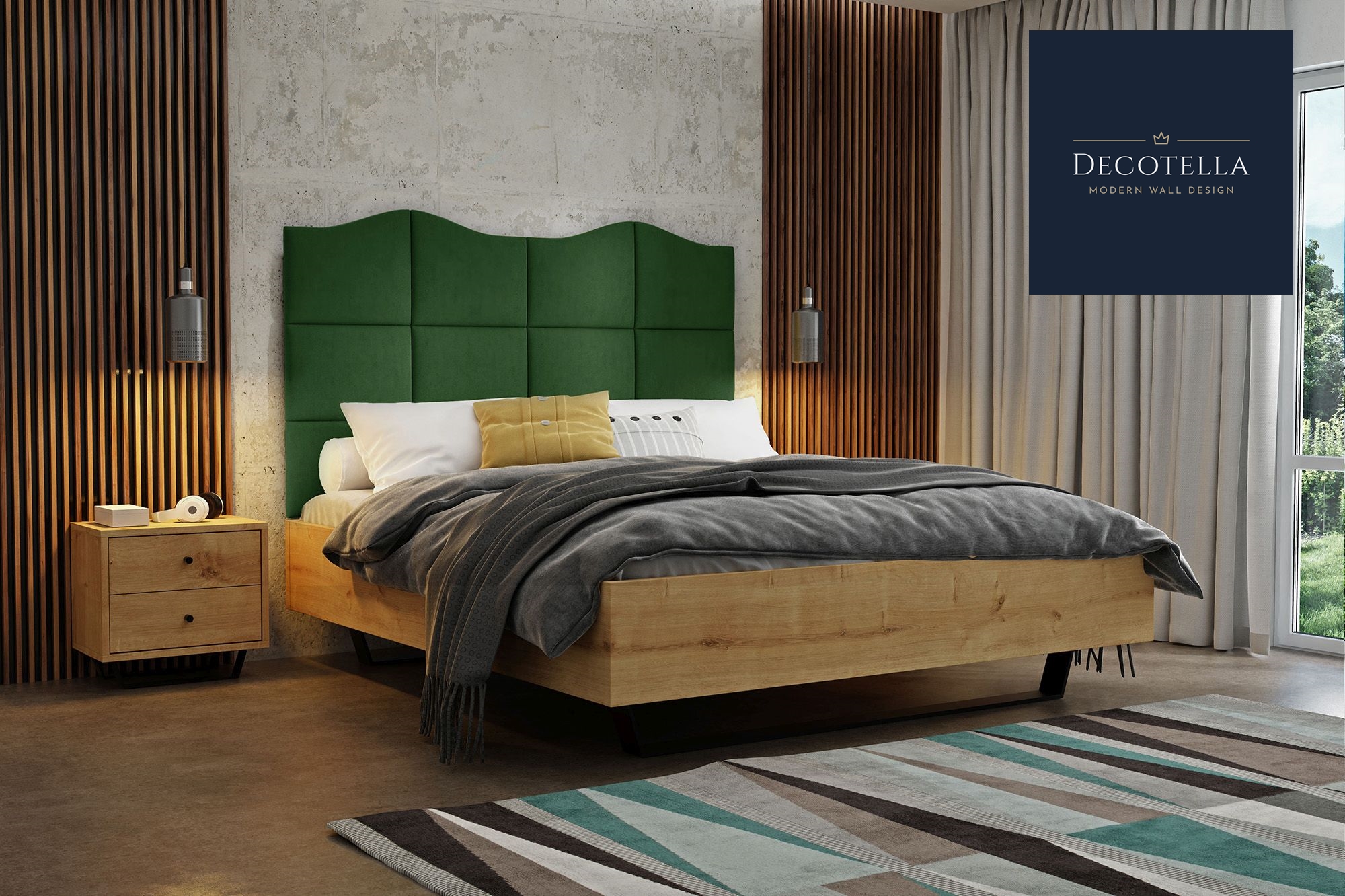 Z1 panel set visible on a wall in a modern bedroom together with slatted wall panels