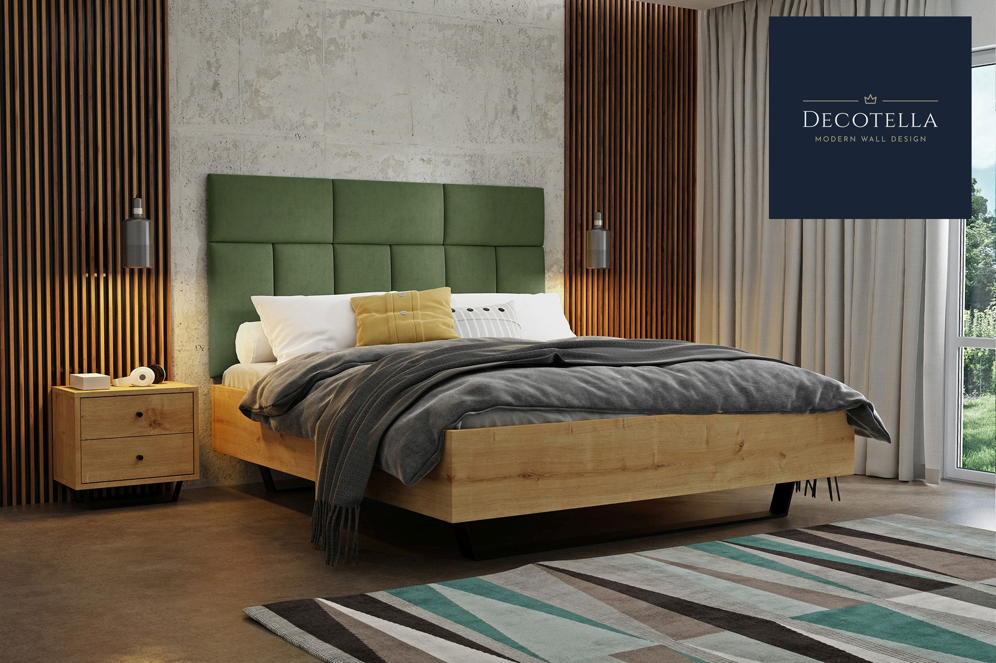 K2 panel set visible on a wall in a modern bedroom together with slatted wall panels