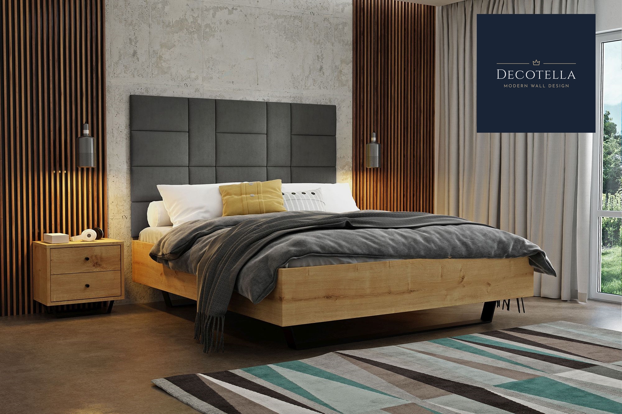 D5 panel set visible on a wall in a modern bedroom together with slatted wall panels