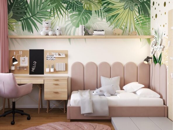 lovelygirls bedroom with pink upholstered wall panels and leaves decals above a shelve