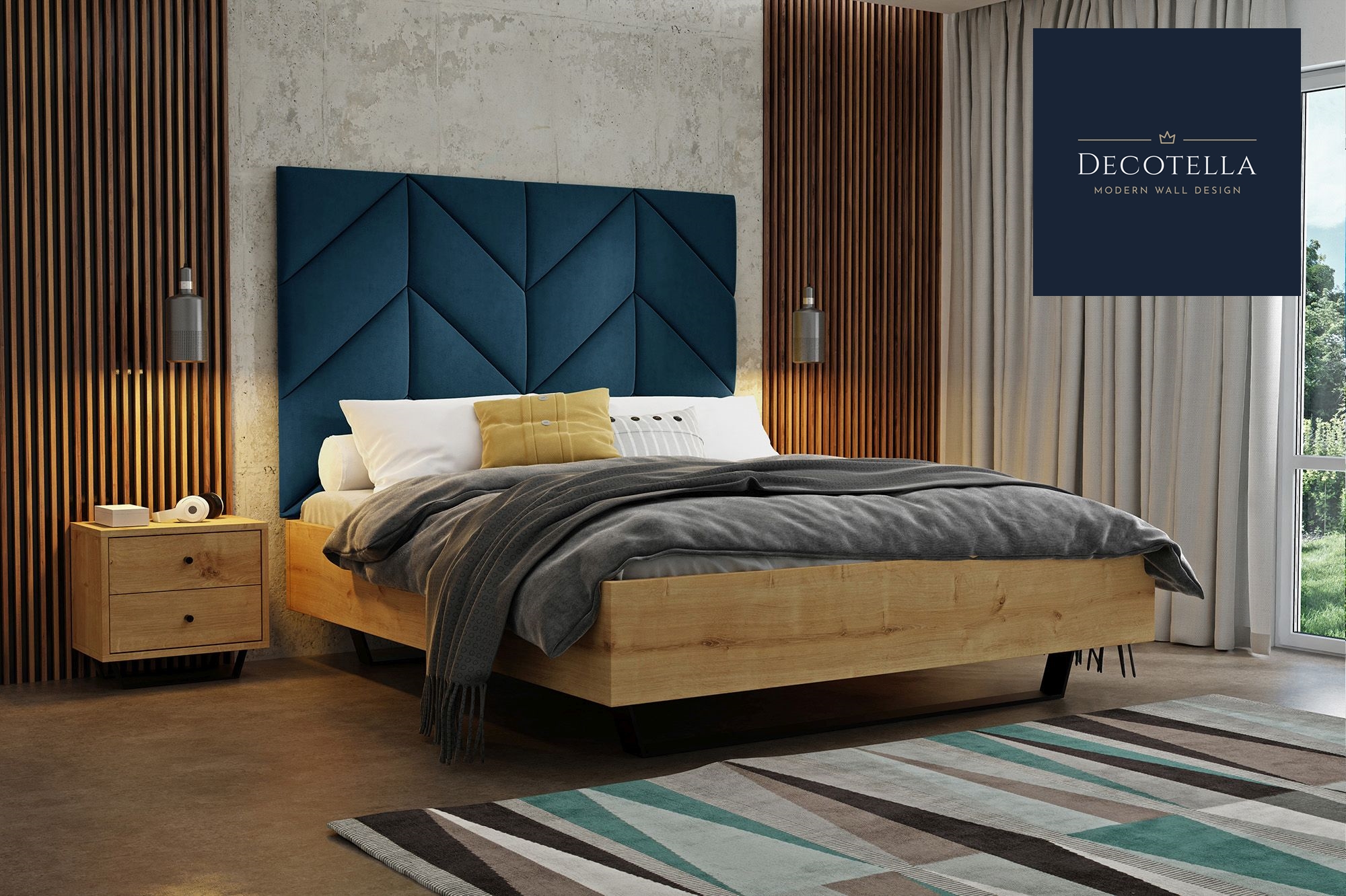 Z11 panel set visible on a wall in a modern bedroom together with slatted wall panels