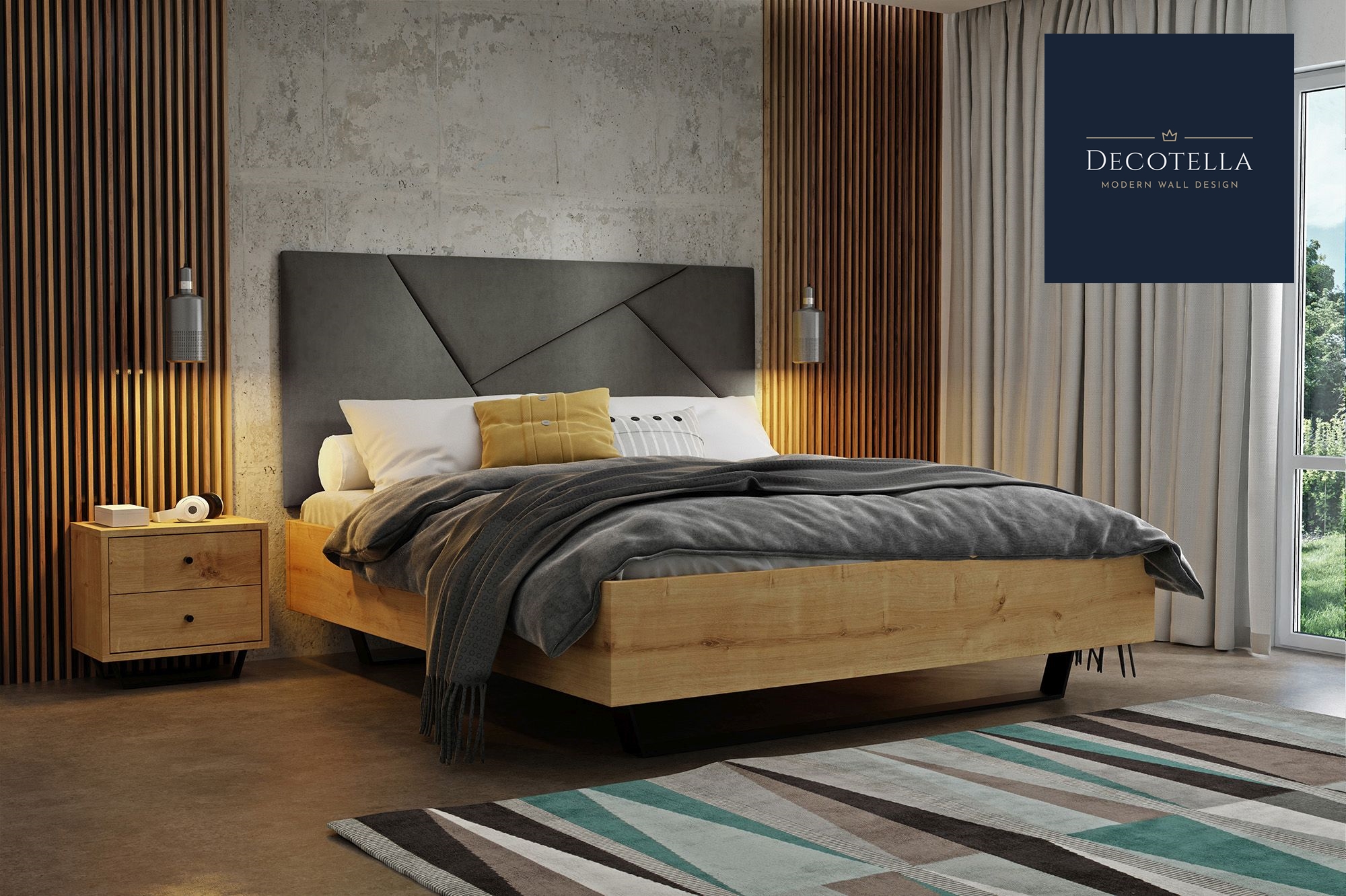 Z6 panel set visible on a wall in a modern bedroom together with slatted wall panels