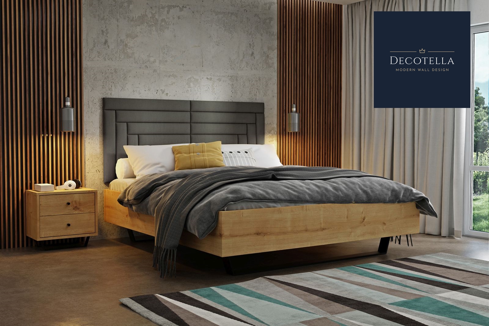 D8 panel set visible on a wall in a modern bedroom together with slatted wall panels