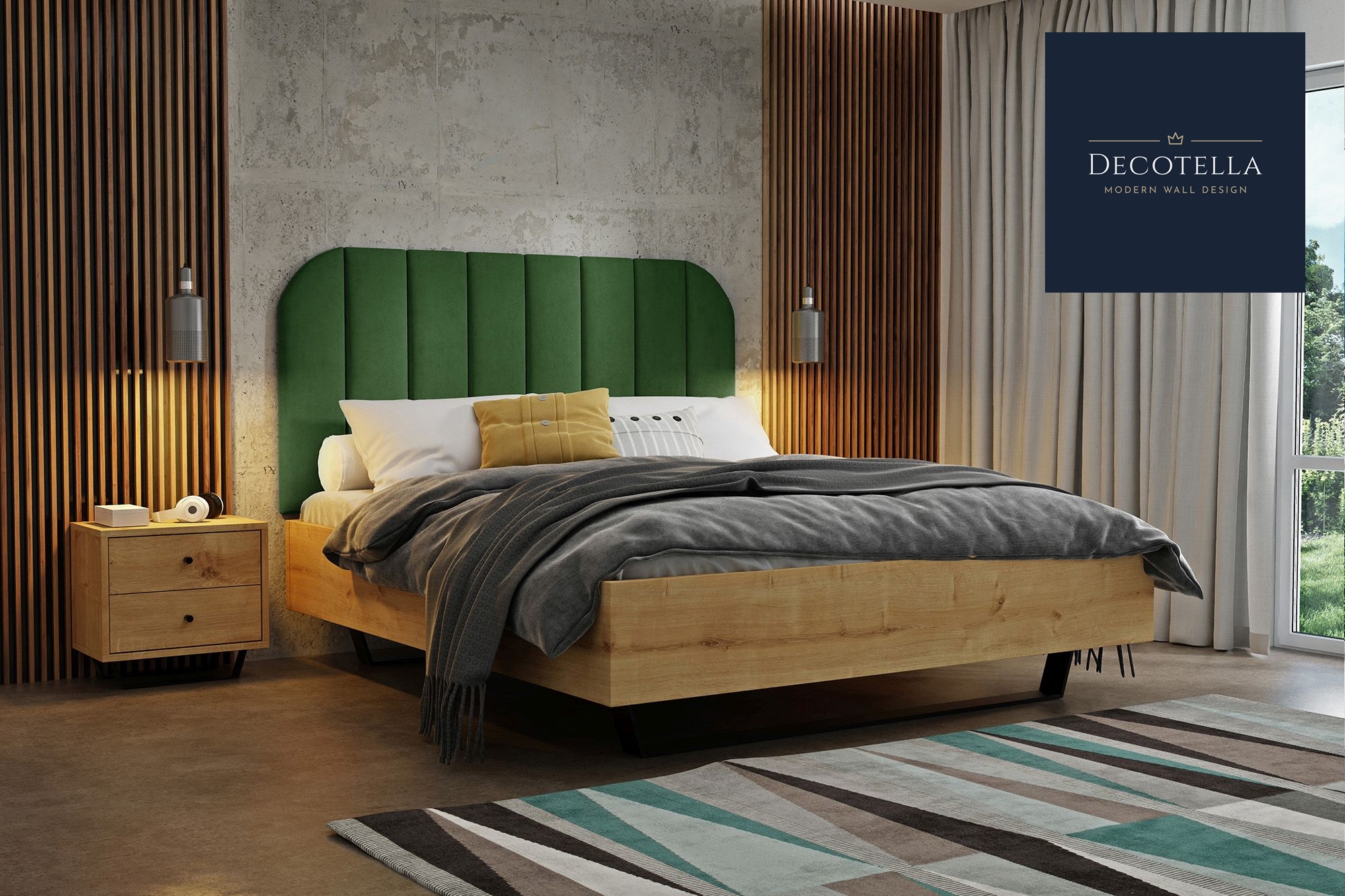 Z8 panel set visible on a wall in a modern bedroom together with slatted wall panels