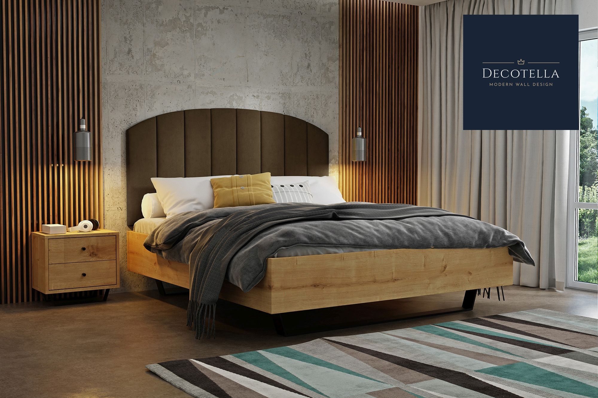 Z12 Wall panel set visible on a wall in a modern bedroom together with slatted wall panels