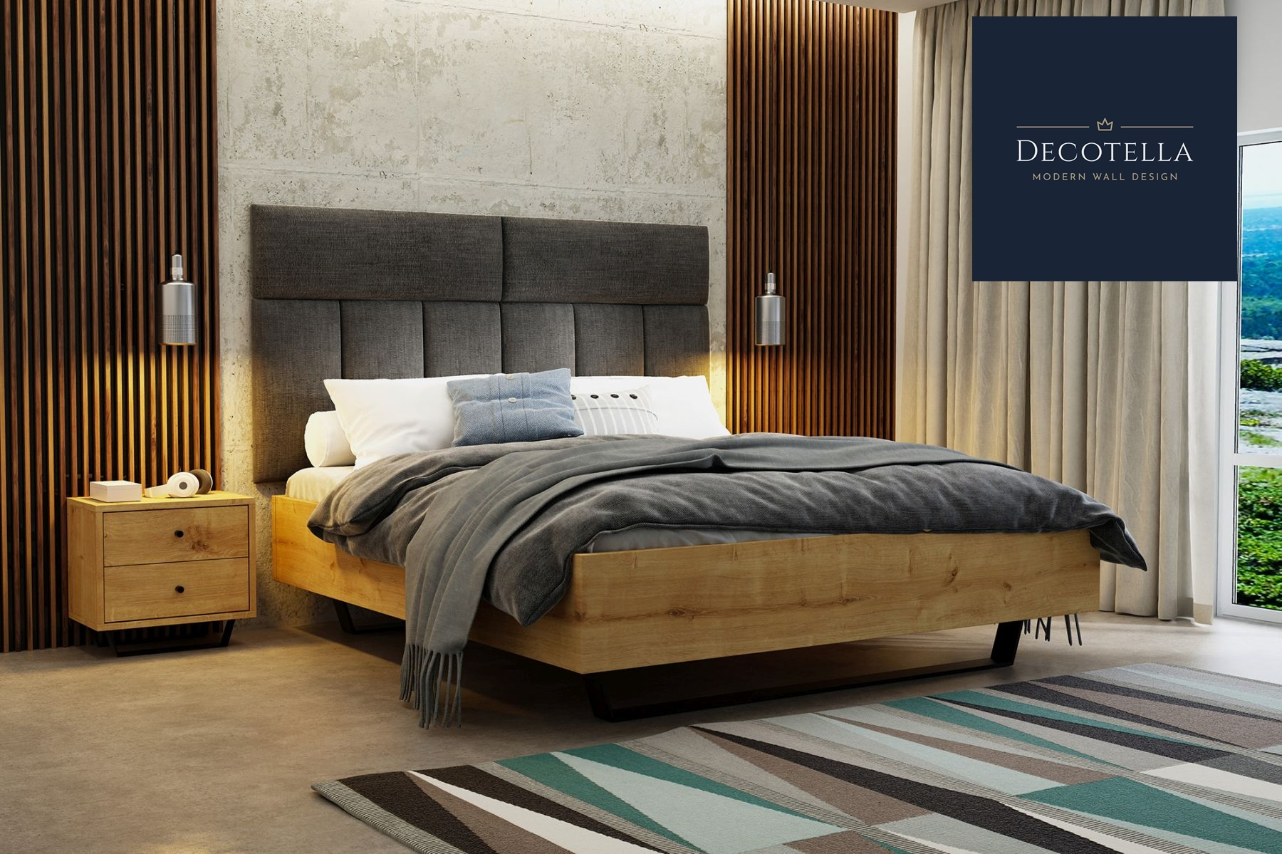 K1 panel set visible on a wall in a modern bedroom together with slatted wall panels