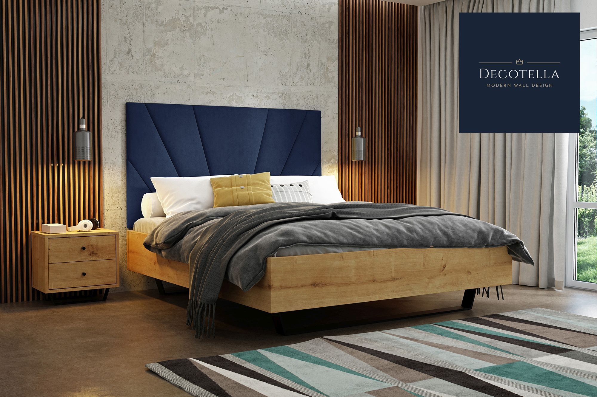 Z5 panel set visible on a wall in a modern bedroom together with slatted wall panels