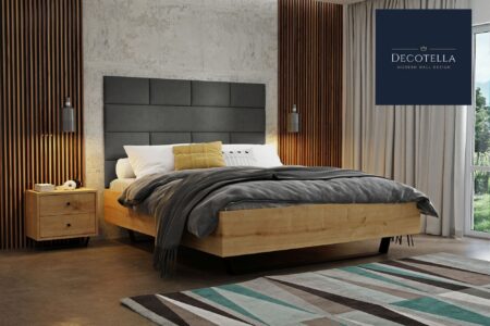 D3 panel set visible on a wall in a modern bedroom together with slatted wall panels