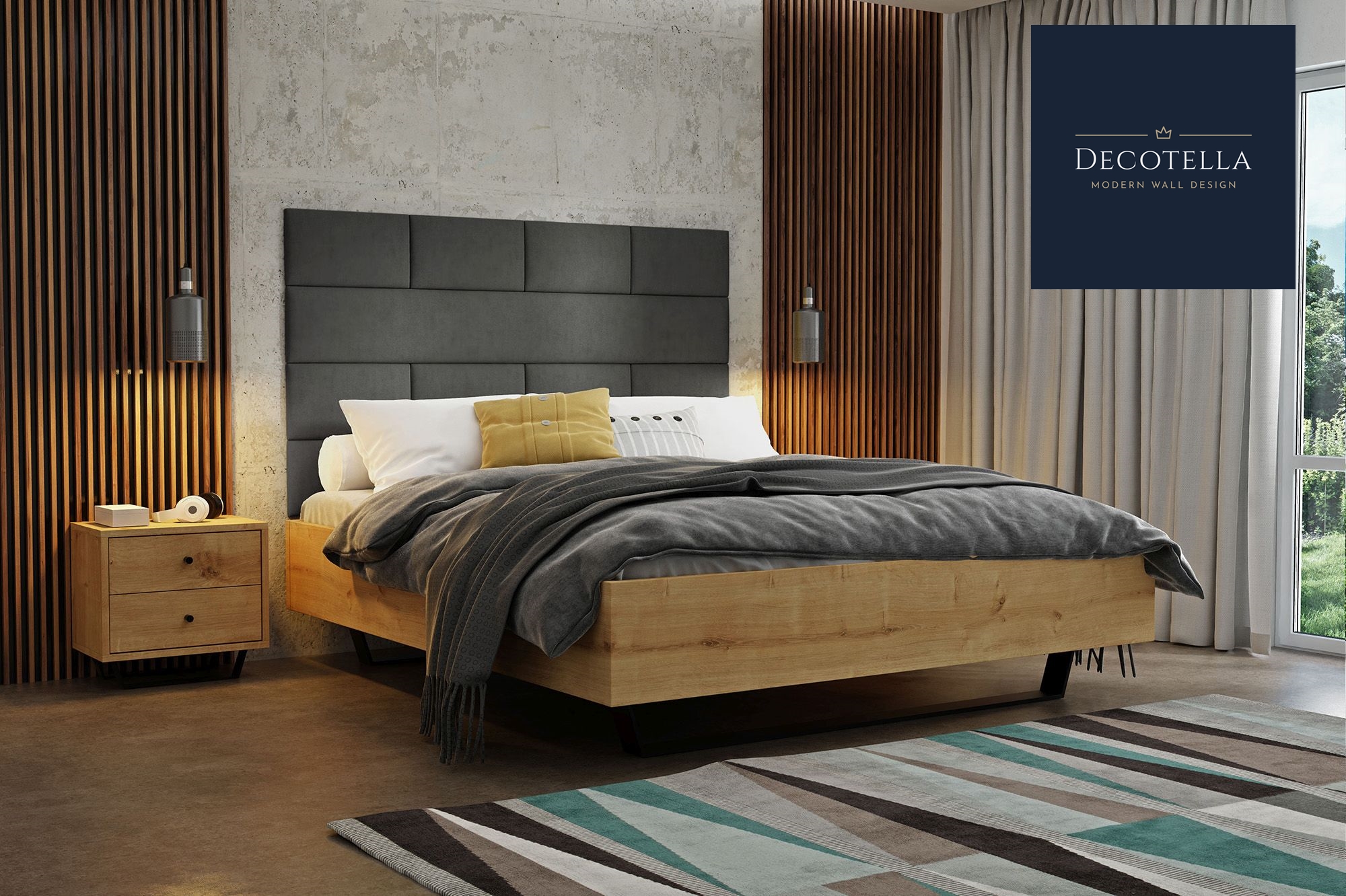 D3 panel set visible on a wall in a modern bedroom together with slatted wall panels