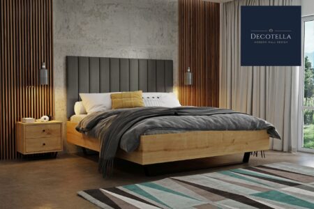K10 panel set visible on a wall in a modern bedroom together with slatted wall panels