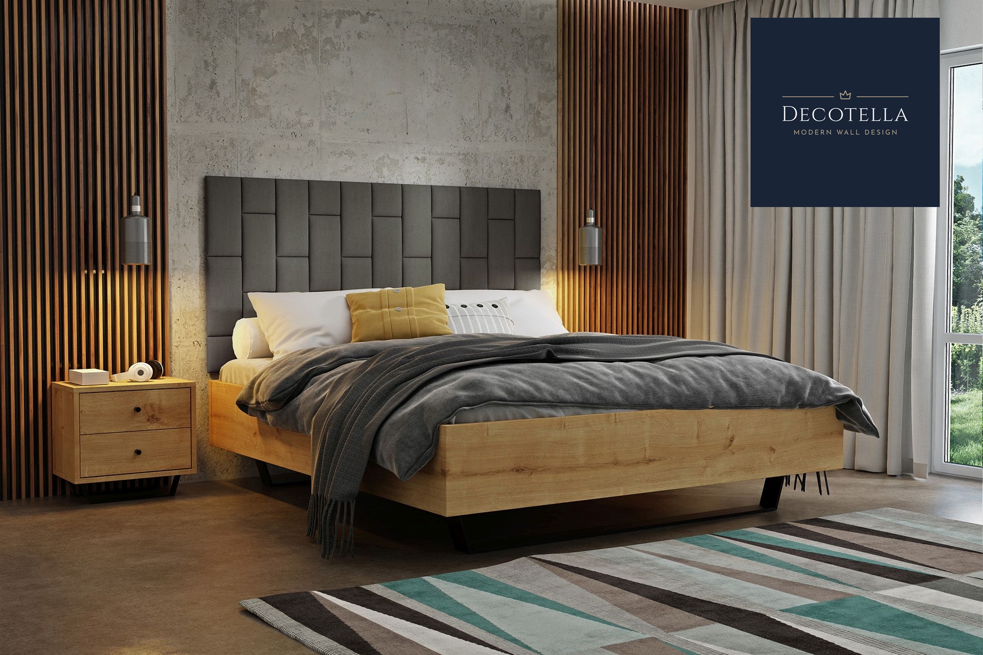D7 panel set visible on a wall in a modern bedroom together with slatted wall panels