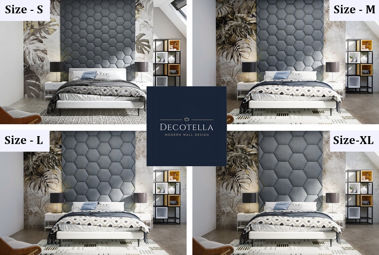 image showing different sizes of hexagon shape upholstered wall panels